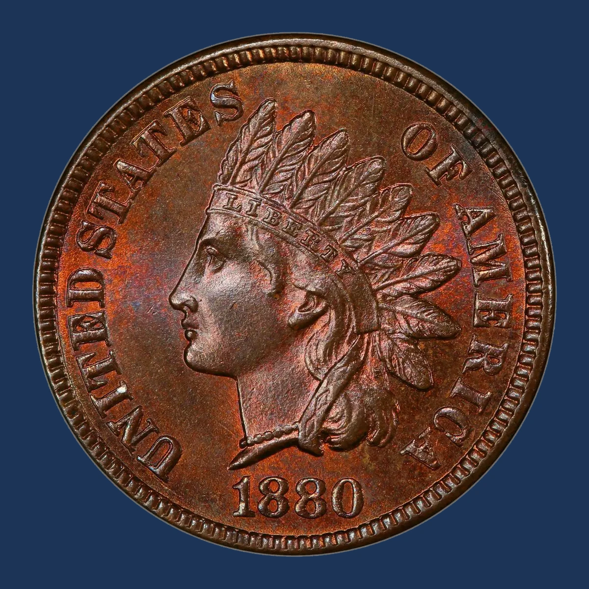 1880 Indian Head cent FS-101 Snow-1 obverse with doubled headband letters