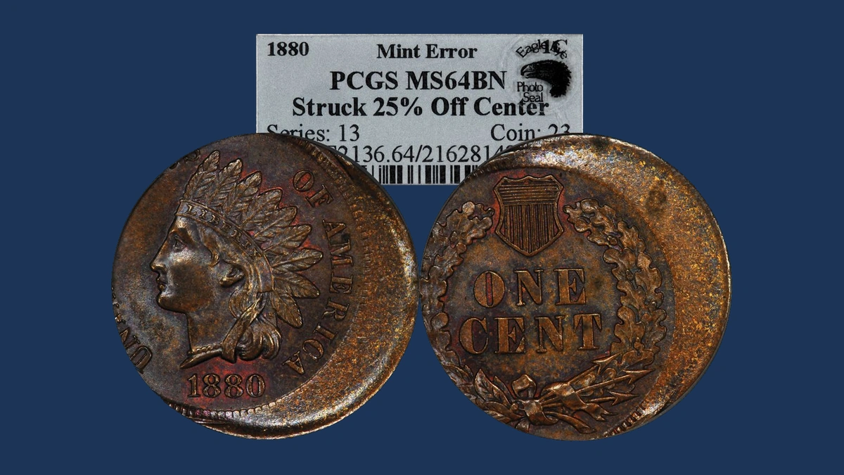 1880 Indian Head cent struck 25 percent off center, obverse and reverse with original label