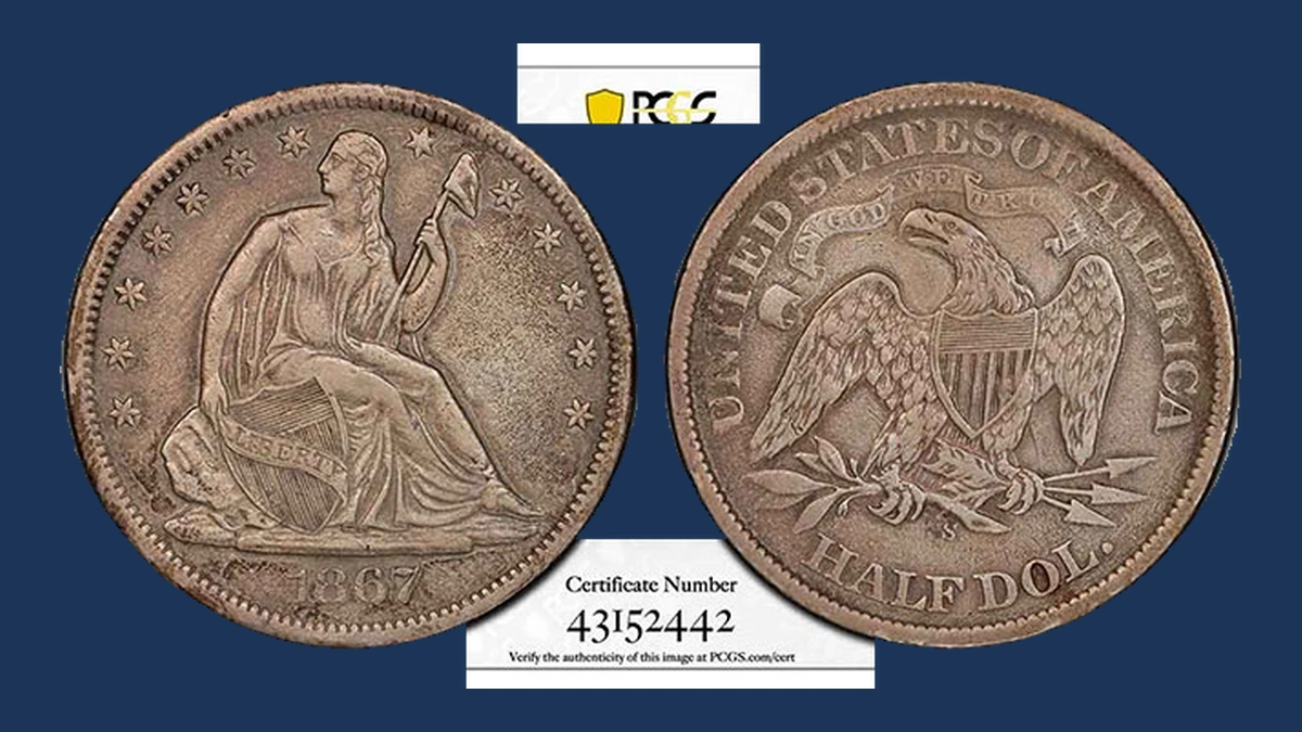 1867 Liberty Seated Half Dollar: Die Crack / Die Chip