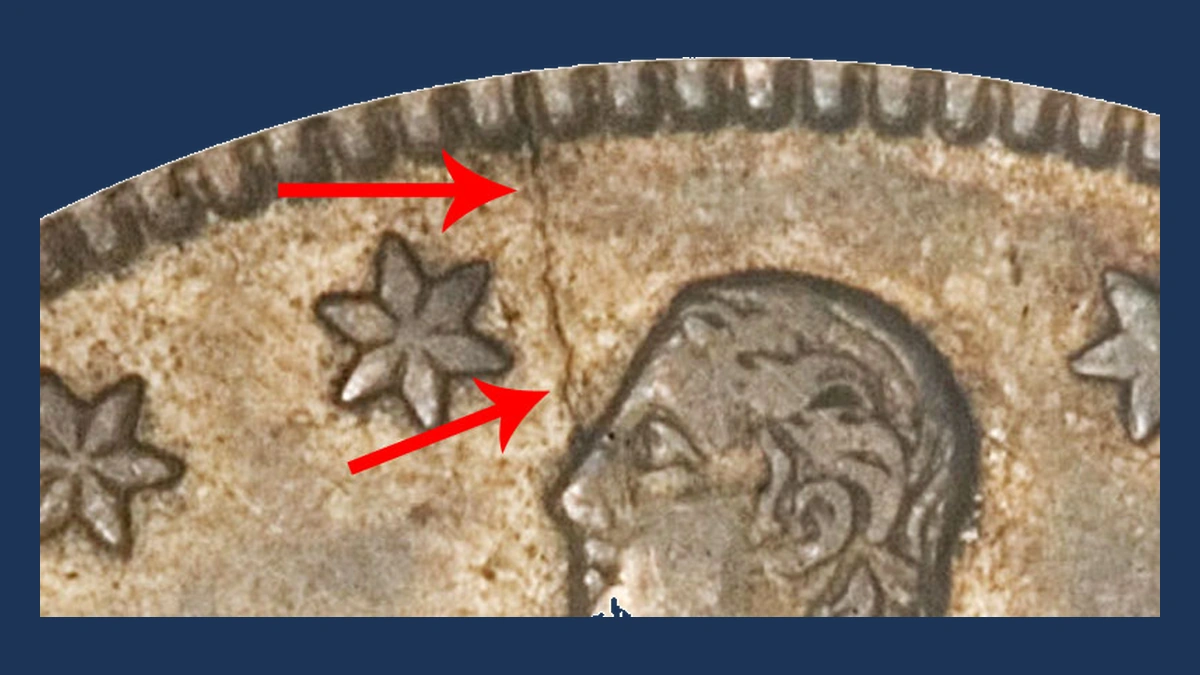 1861 Liberty Seated Half Dollar: Die Crack / Die Chip