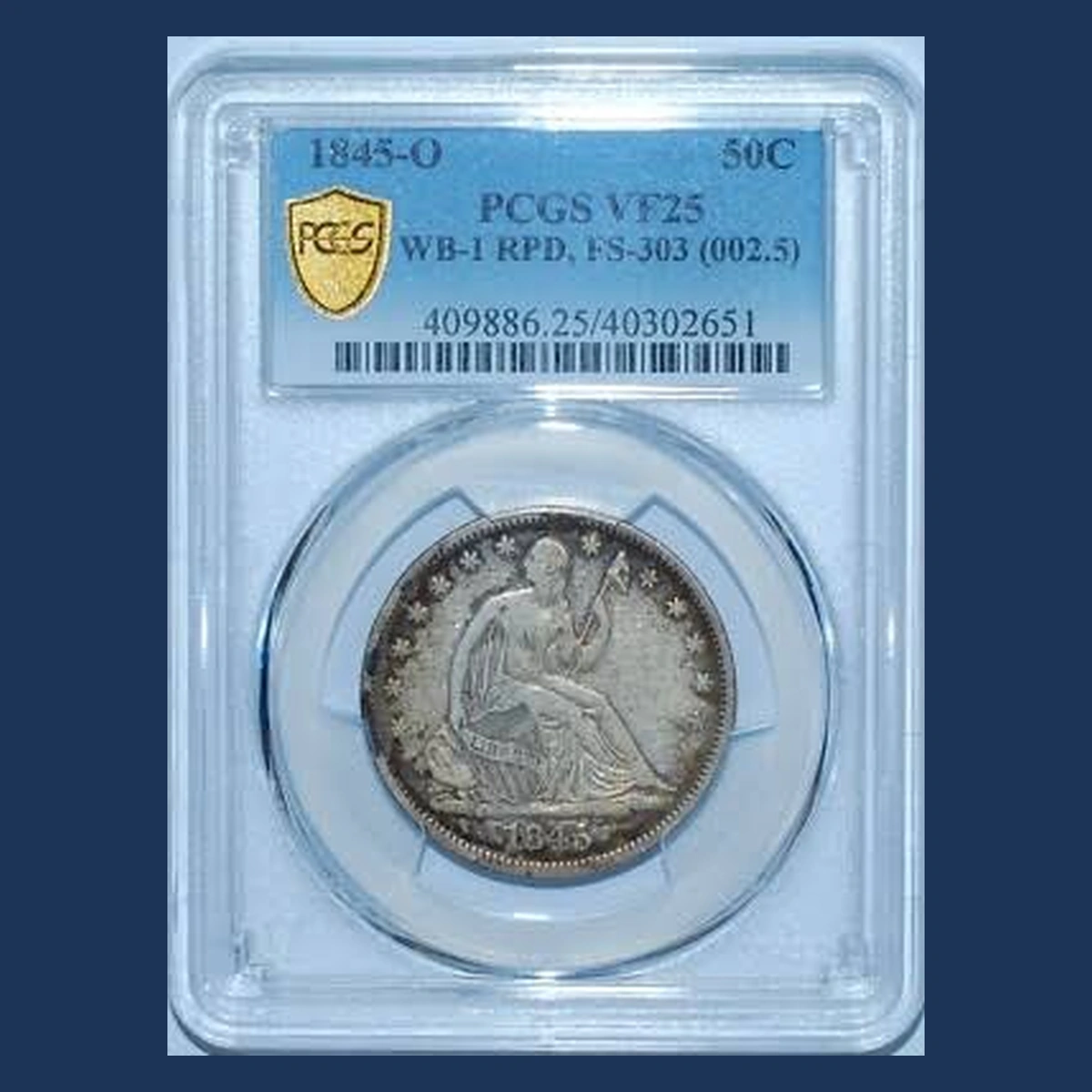 1845 Liberty Seated Half Dollar: Repunched Date
