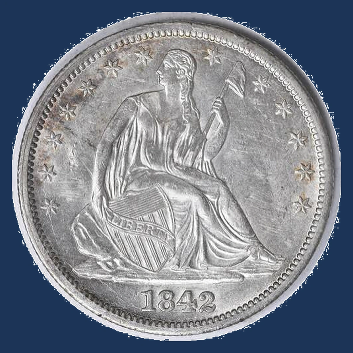1842 Liberty Seated Half Dollar: Die Crack / Die Chip