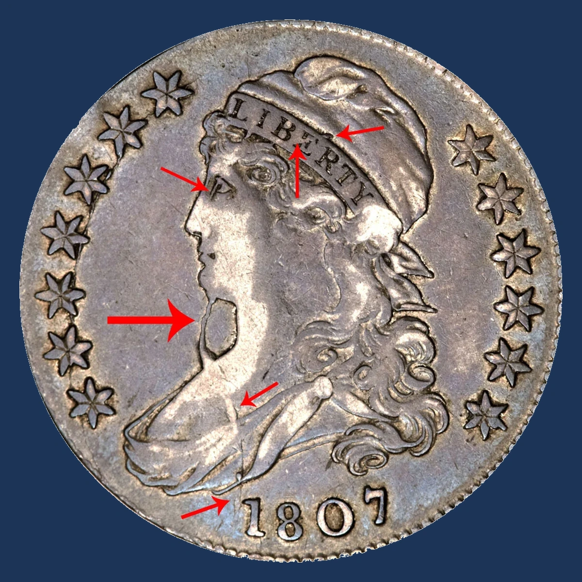 1807 Capped Bust Half Dollar: Bearded Goddess Die Break
