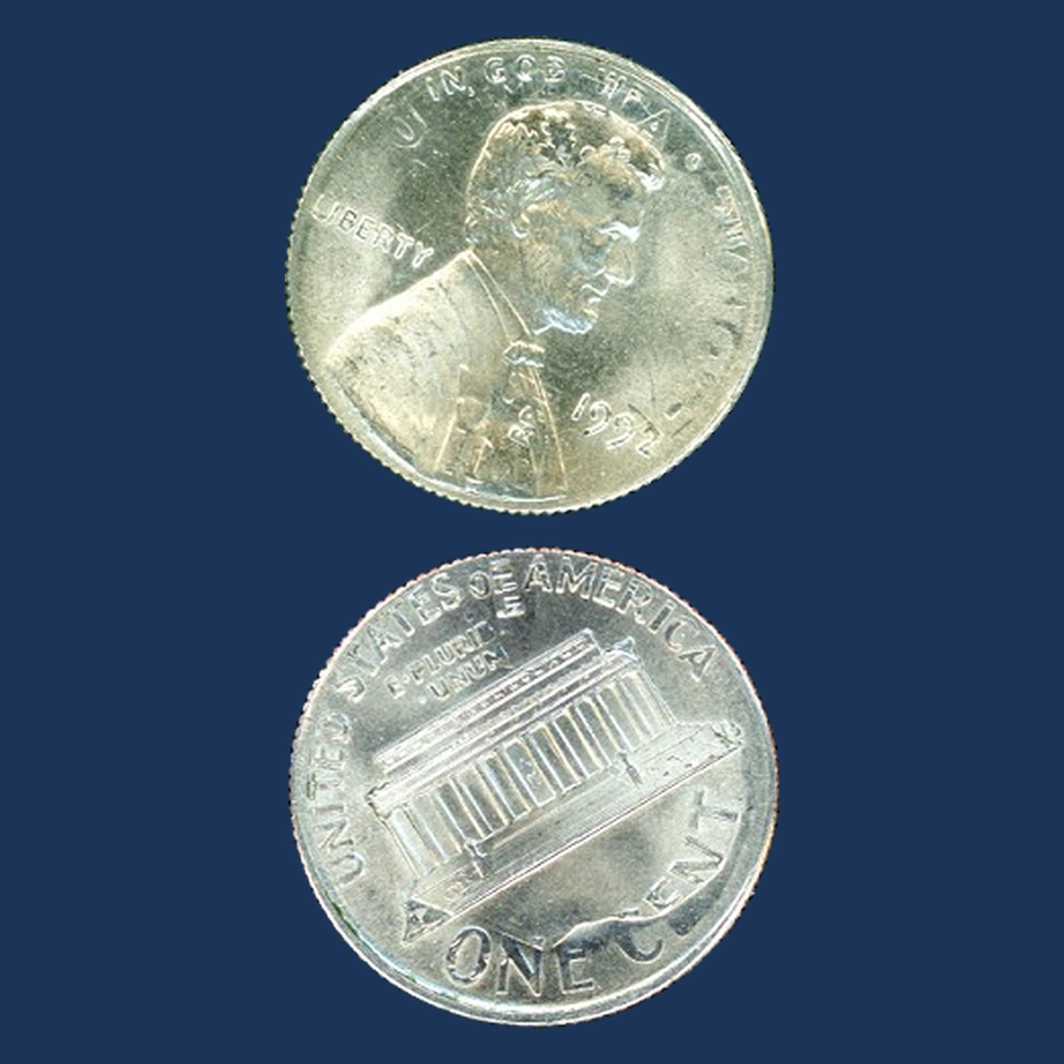 1992 Lincoln Penny: struck over a Roosevelt dime, both sides