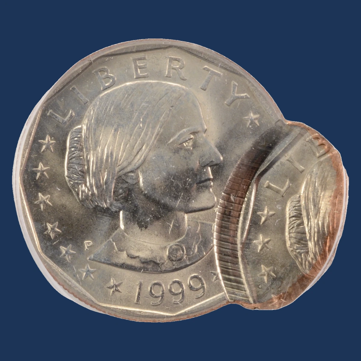 1999 Susan B. Anthony Dollar: double strike with an off-center second impression