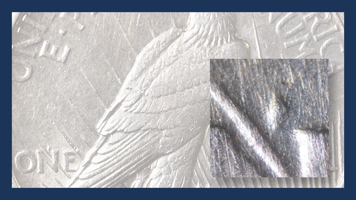 1921 Peace Dollar: dot-like die gouge above N in ONE