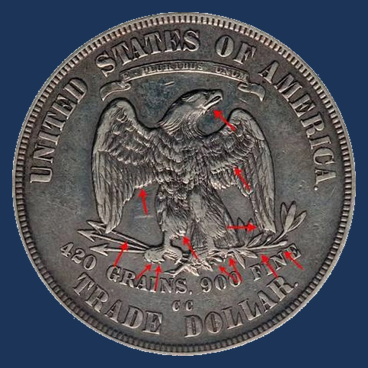 1876 Trade Dollar: Doubled Die Reverse