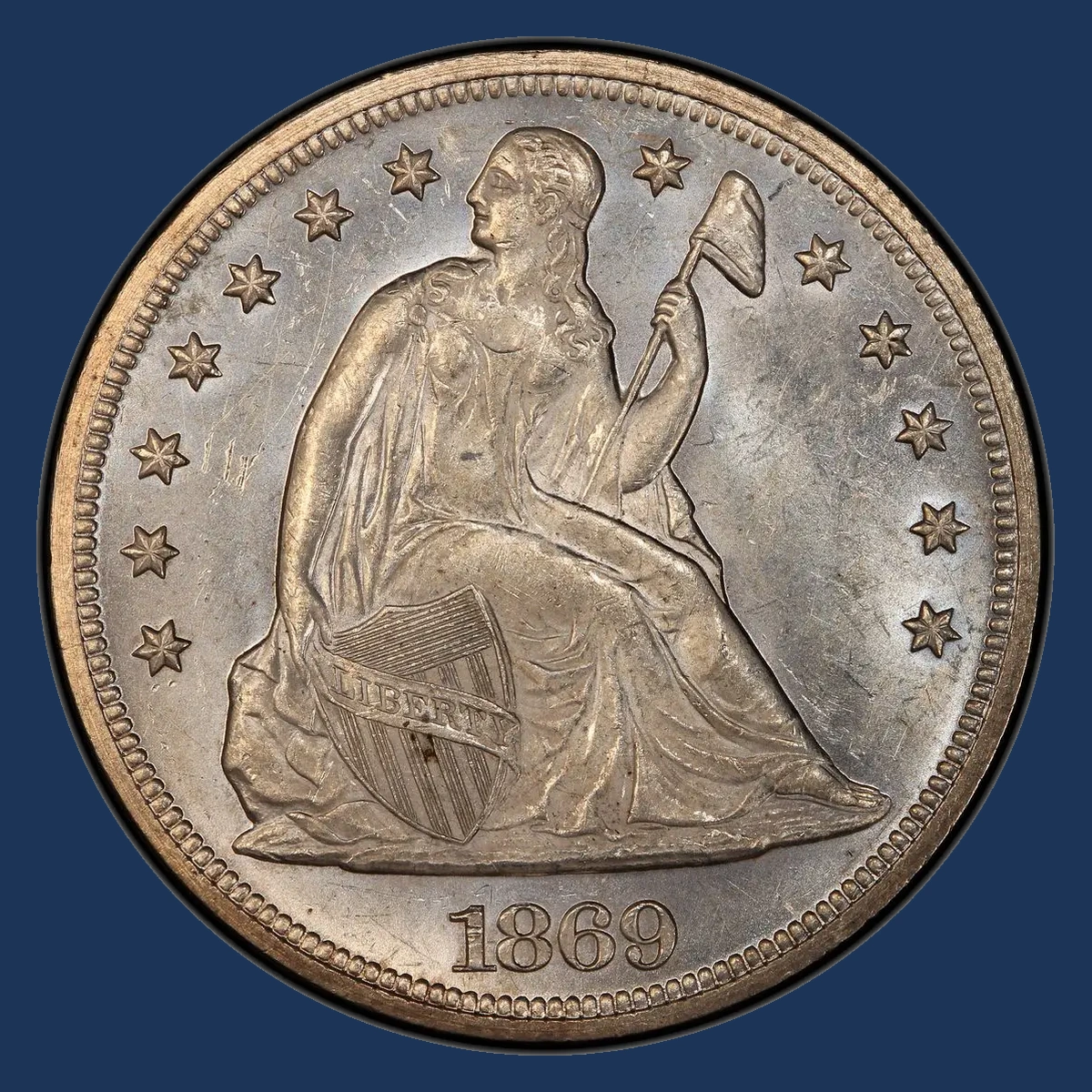 1869 Liberty Seated dollar with a repunched date