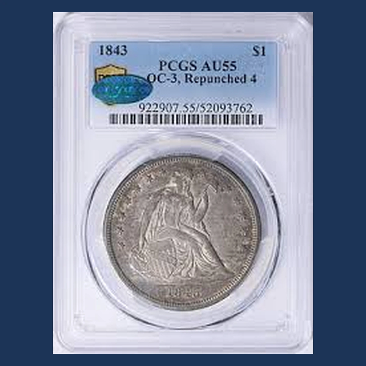 1843 Liberty Seated Dollar: Repunched Date