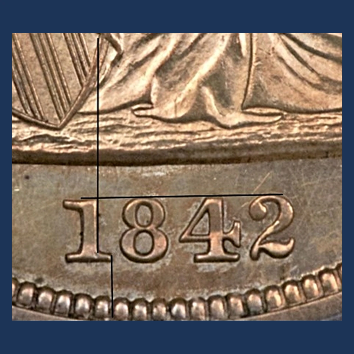 1842 Liberty Seated Dollar: Repunched Date