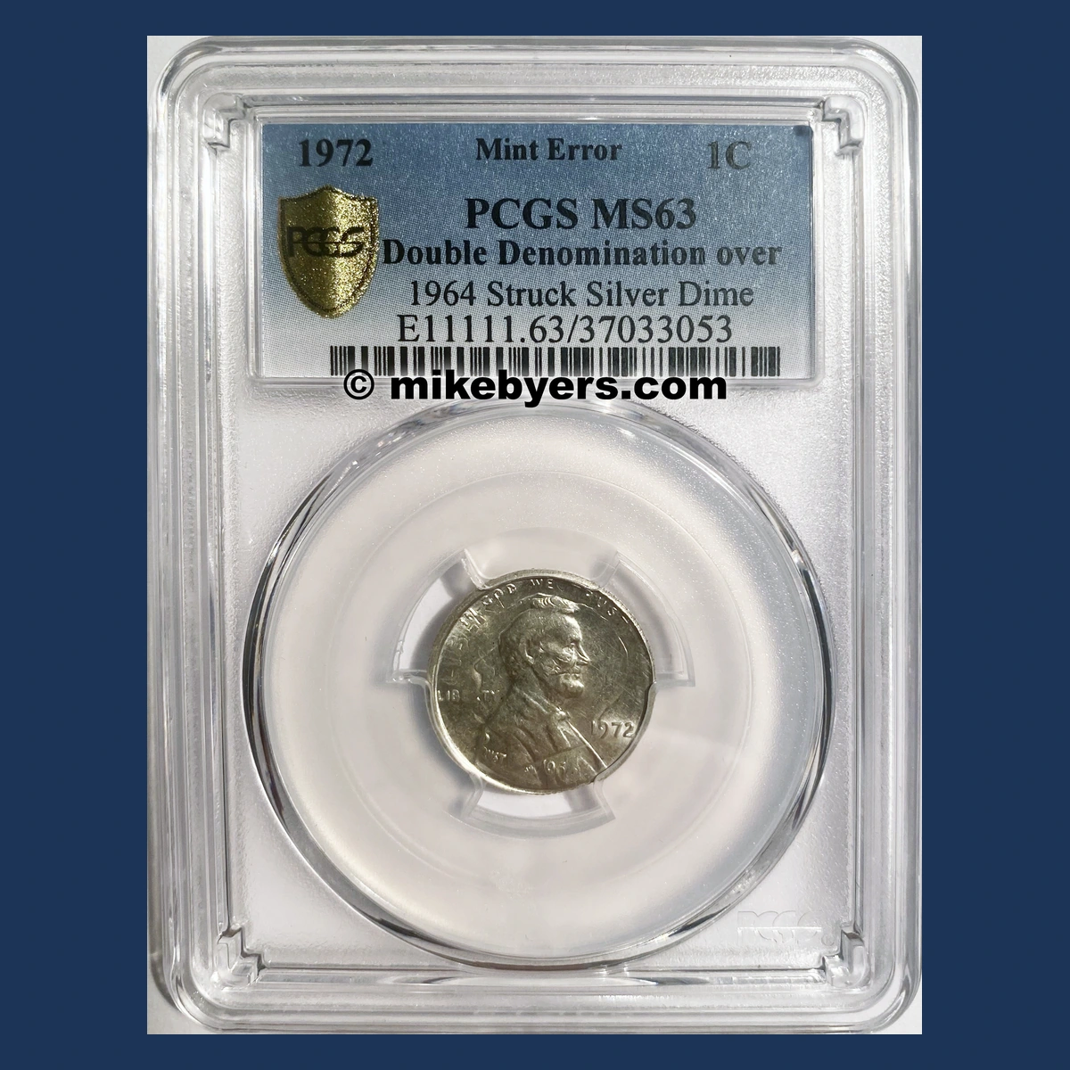 1972 Lincoln Cent (Modern): cent overstruck on a 1964 silver dime