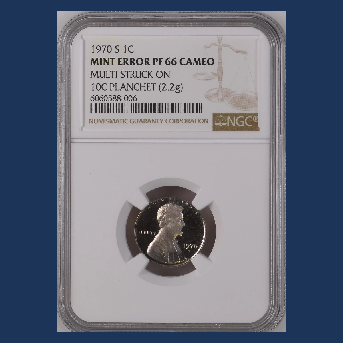 1970 Lincoln Cent (Modern): proof struck on a clad dime blank