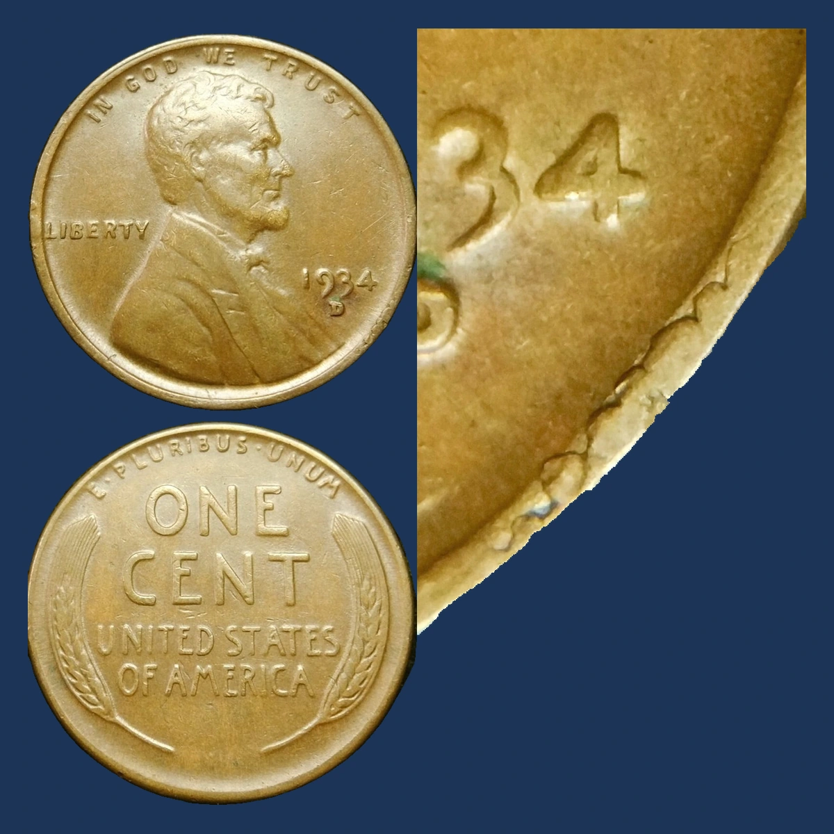 1934 Wheat Penny: Die Break / Cud
