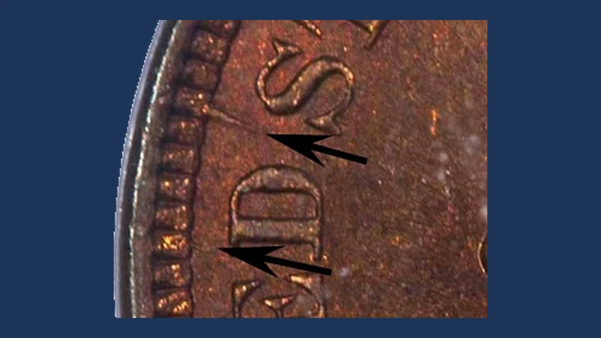 1903 Indian Cent: die-file marks beside UNITED