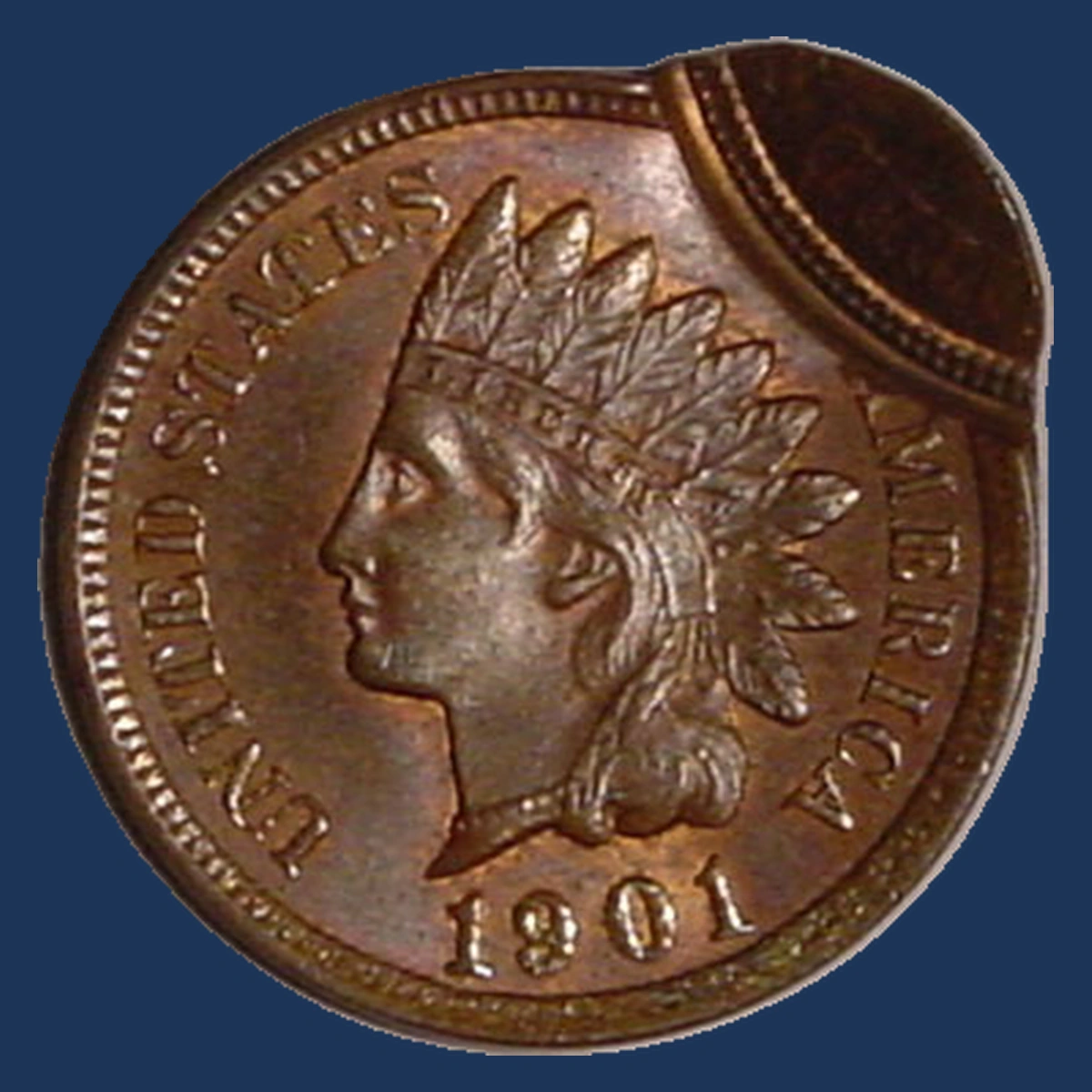 1901 Indian Cent: double strike with an off-center second impression