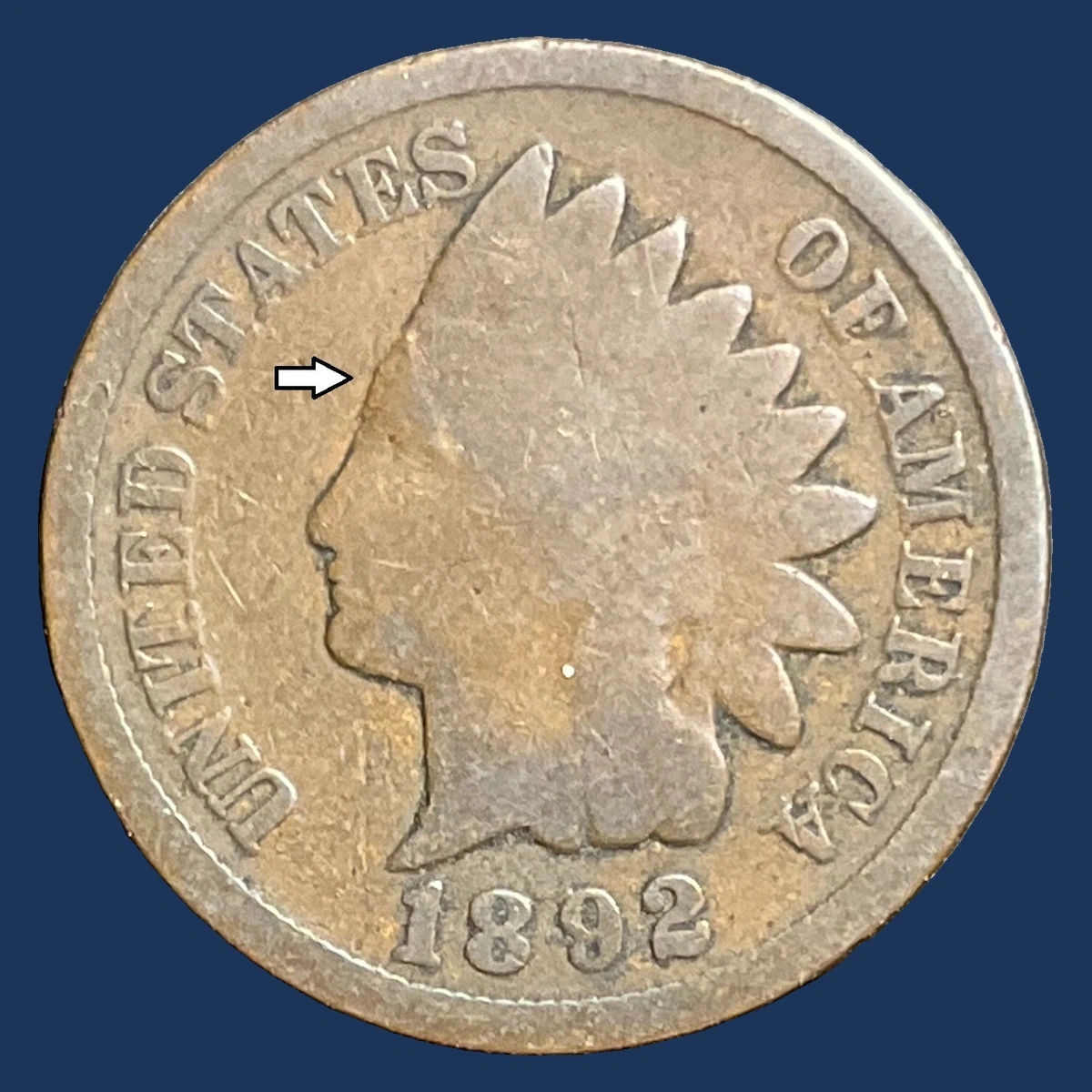 1892 Indian Head Penny: Die Break / Cud