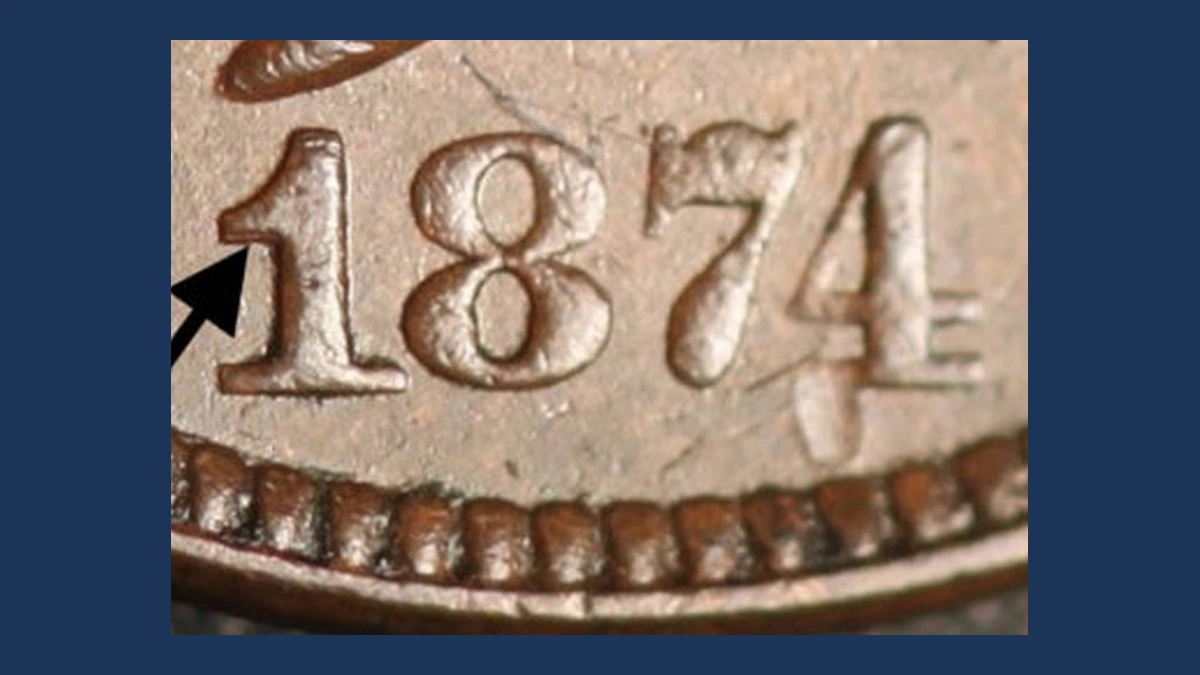 1874 Indian Head Penny: Repunched Date