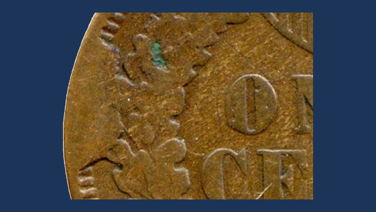 1874 Indian Head Penny: Die Break / Cud