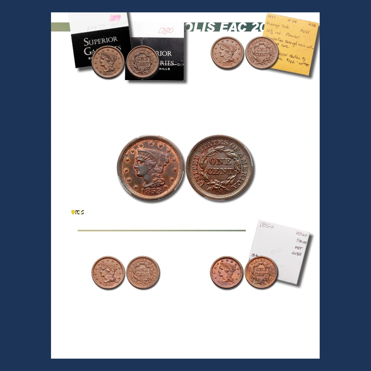 1854 Braided Hair Cent: Die Clash - Lot 524, bottom-right pair