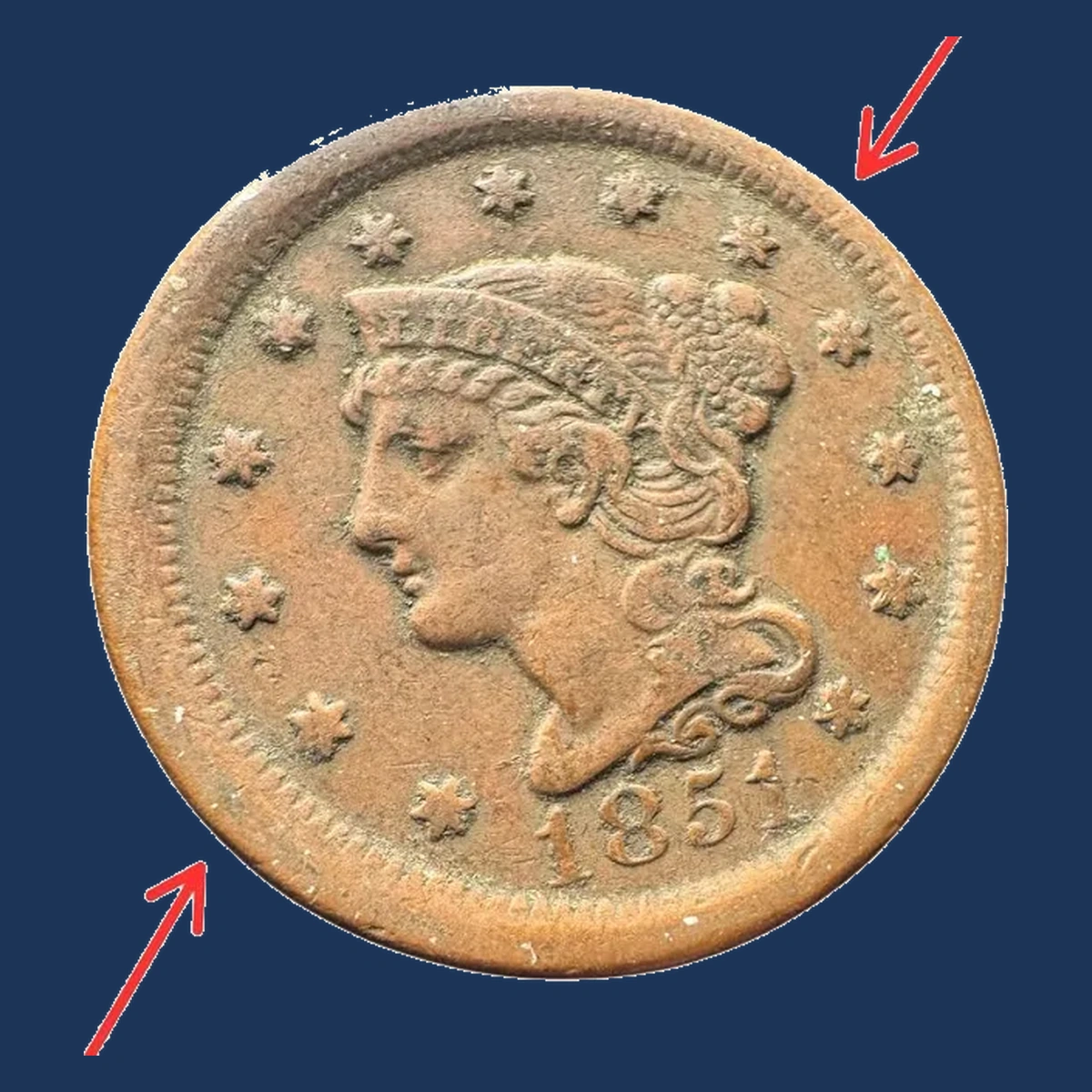 1851 Braided Hair Cent: Off-Center Strike