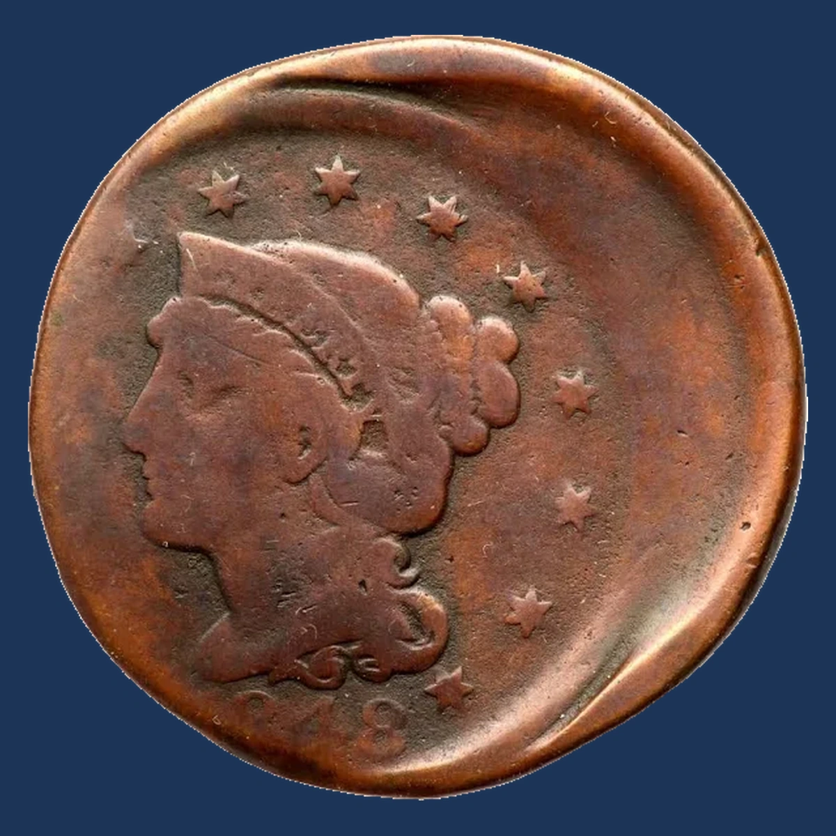 1848 Braided Hair Cent: Off-Center Strike