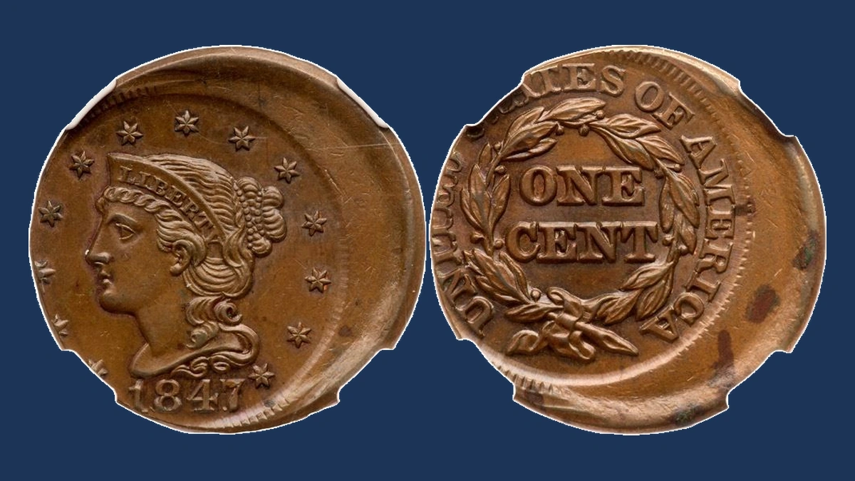 1847 Braided Hair Cent: Off-Center Strike