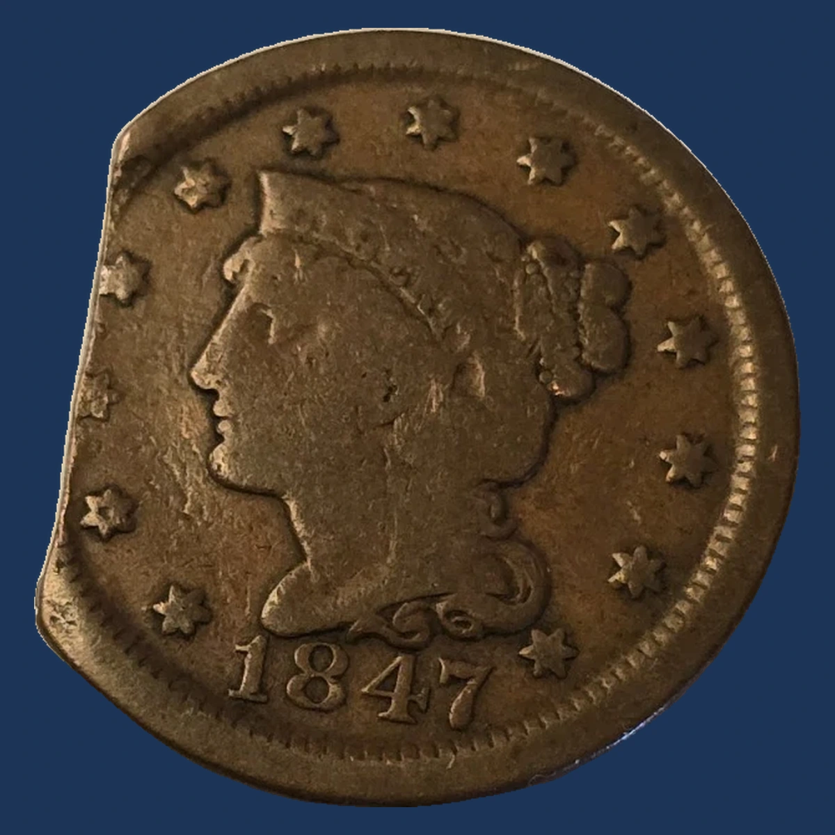 1847 Braided Hair Cent: Clipped Planchet