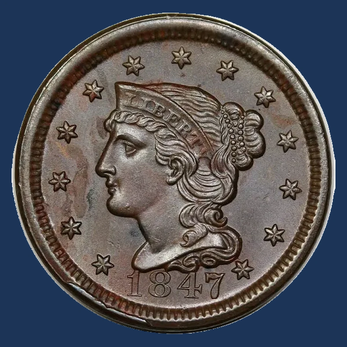 1847 Braided Hair Cent: Die Break / Cud