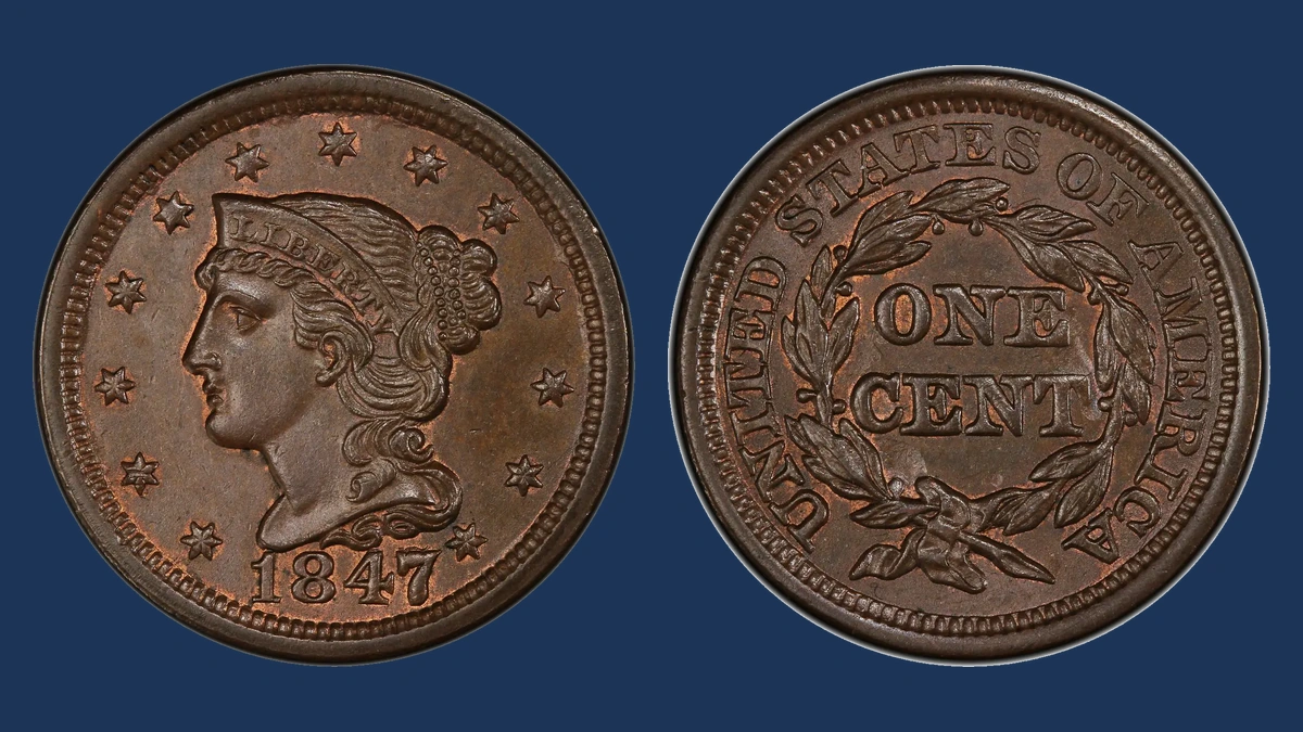 1847 Braided Hair Cent: Repunched Date