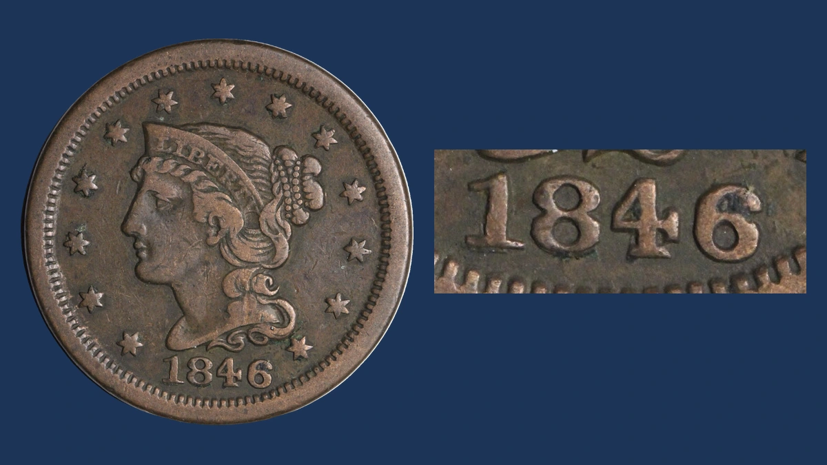 1846 Braided Hair Cent: Repunched Date