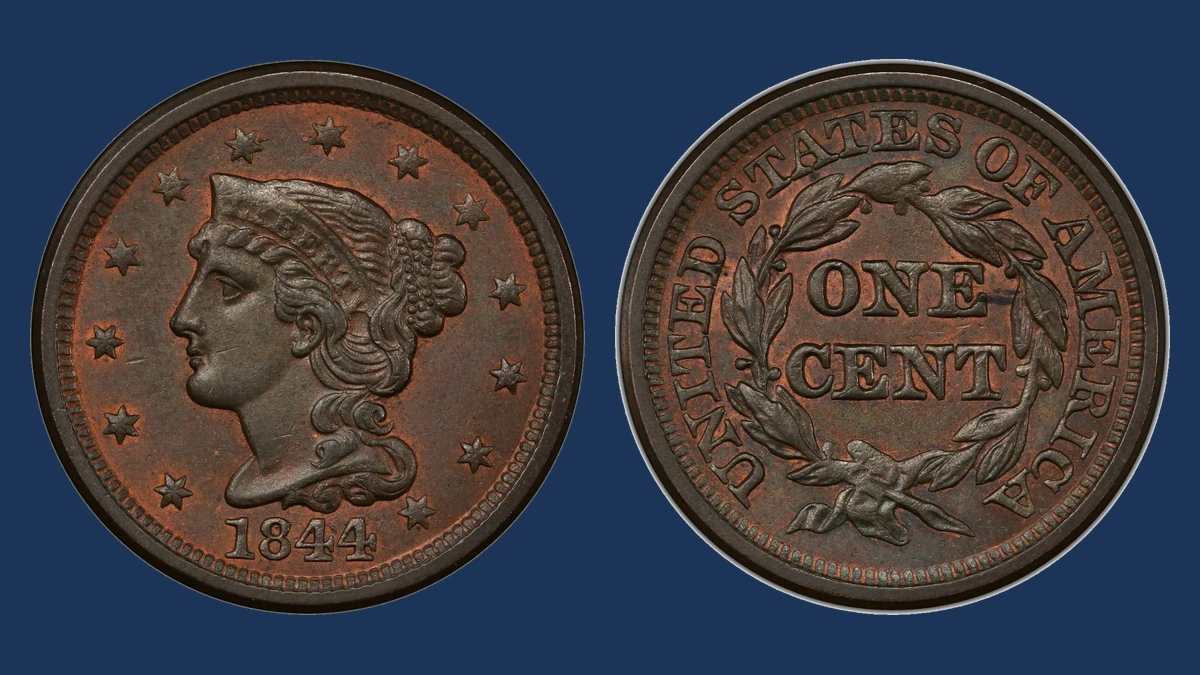 1844 Braided Hair Cent: Repunched Date