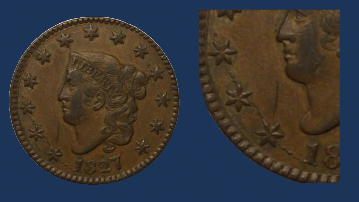 1827 Coronet Head Cent: Die Crack