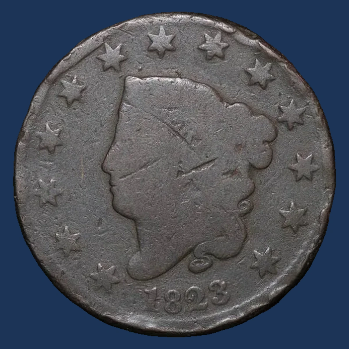 1823 Coronet Head Cent: Die Break / Cud