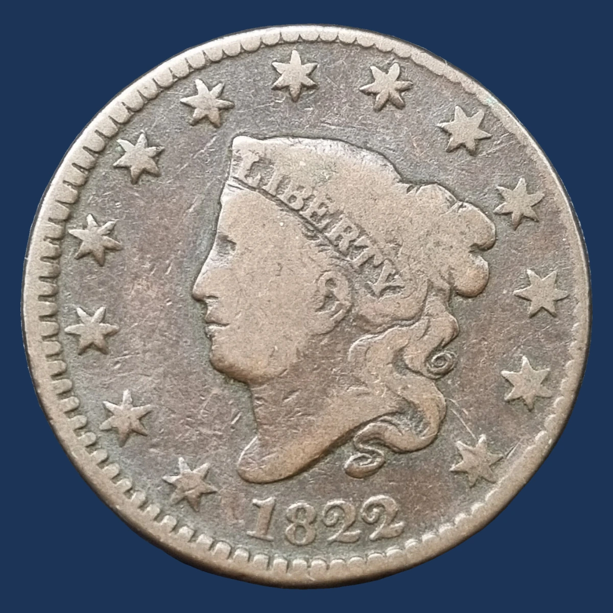1822 Coronet Head Cent: Off Center Strike