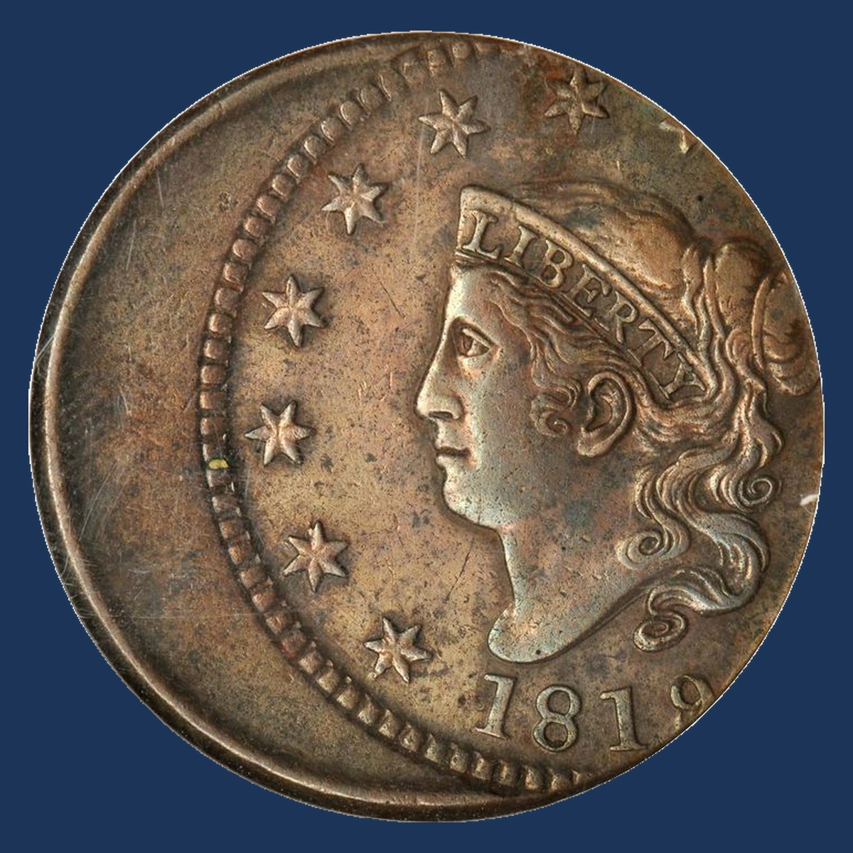 1819 Coronet Head Cent: Off Center Strike