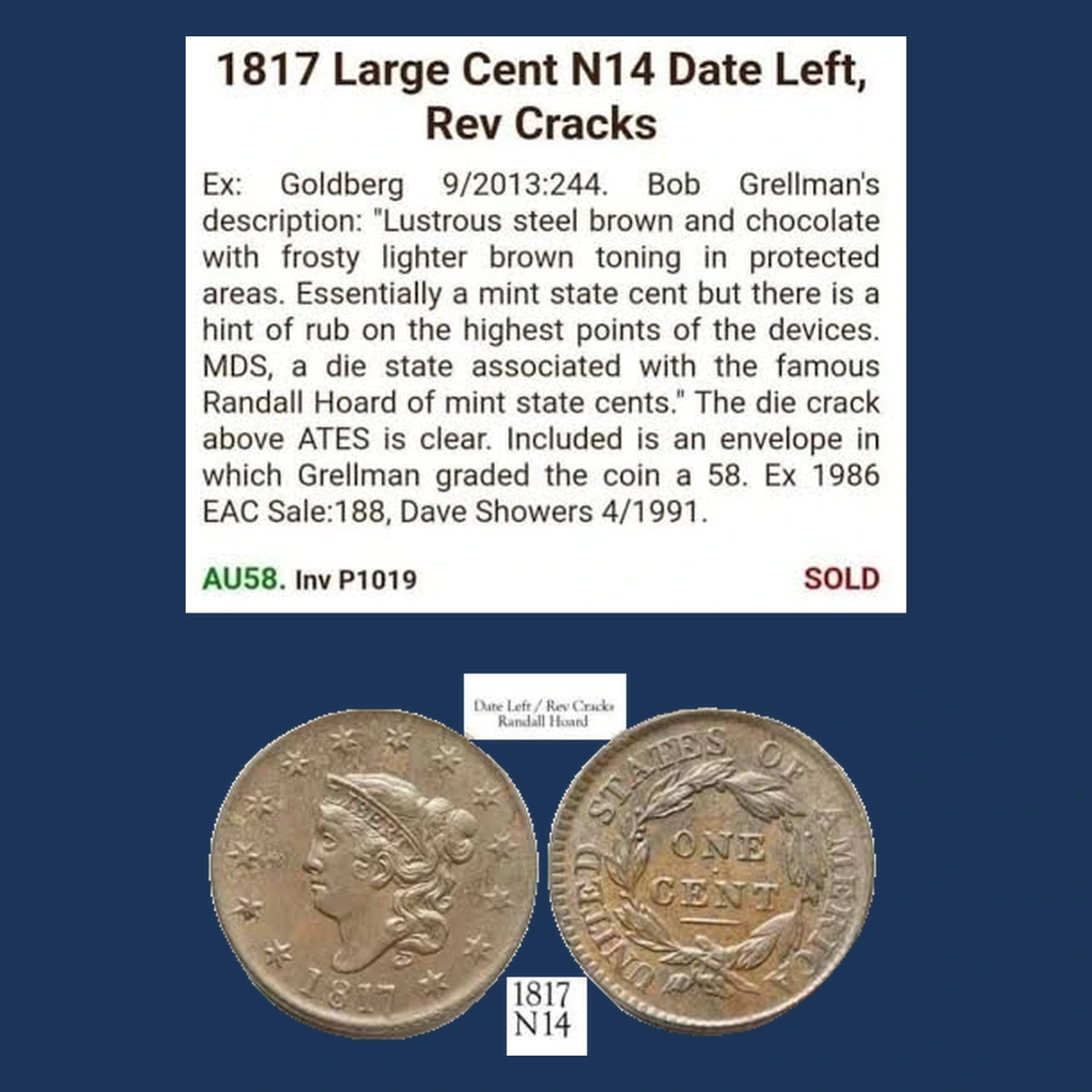 1817 Coronet Head Cent: Die Crack