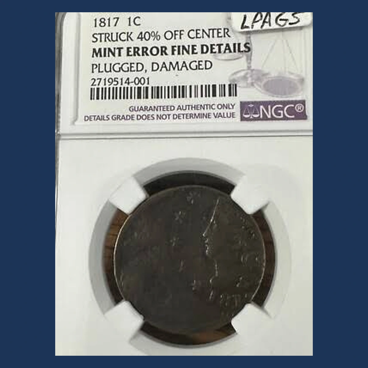 1817 Coronet Head Cent: off-center strike