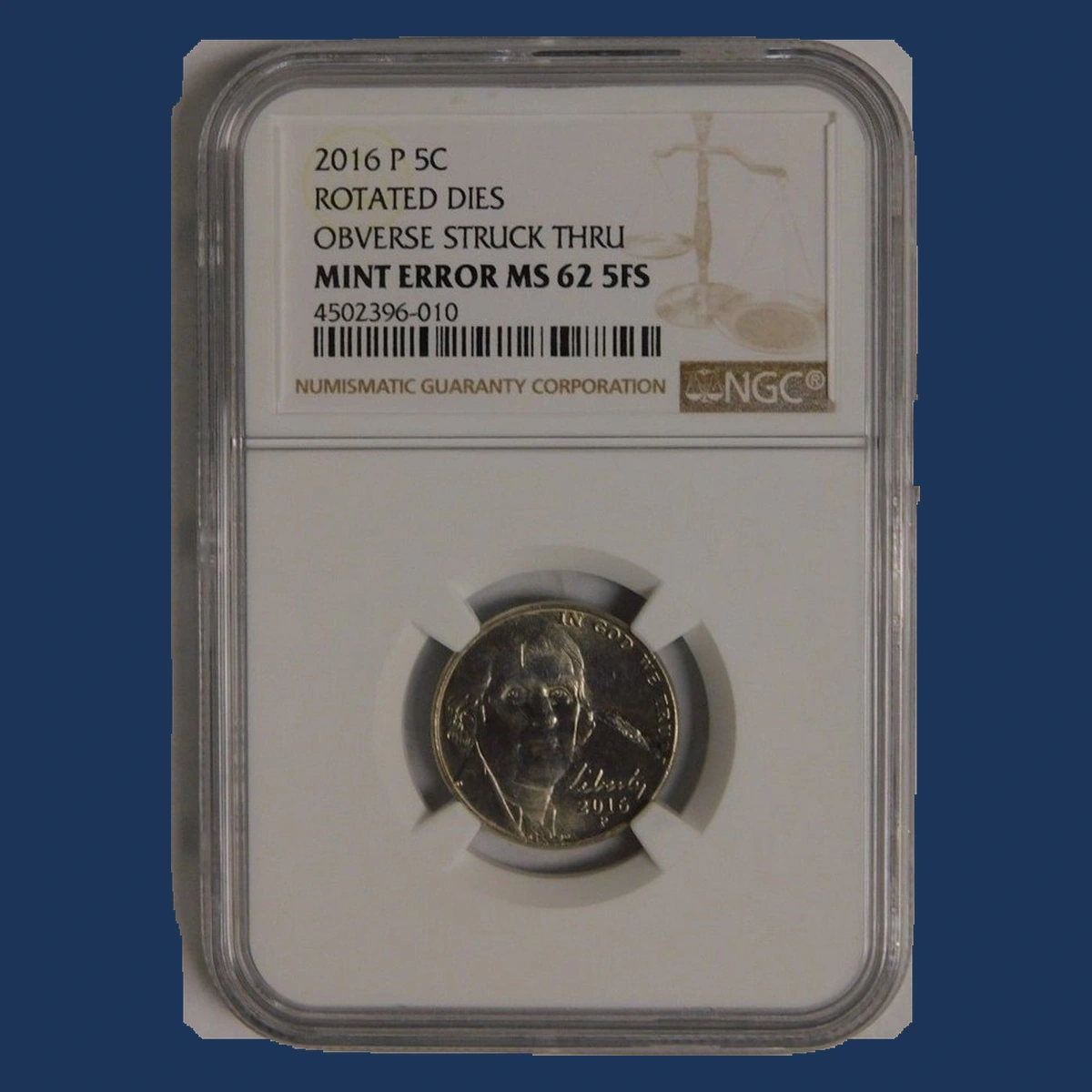 2016 Jefferson Nickel: Rotated dies with obverse struck-through