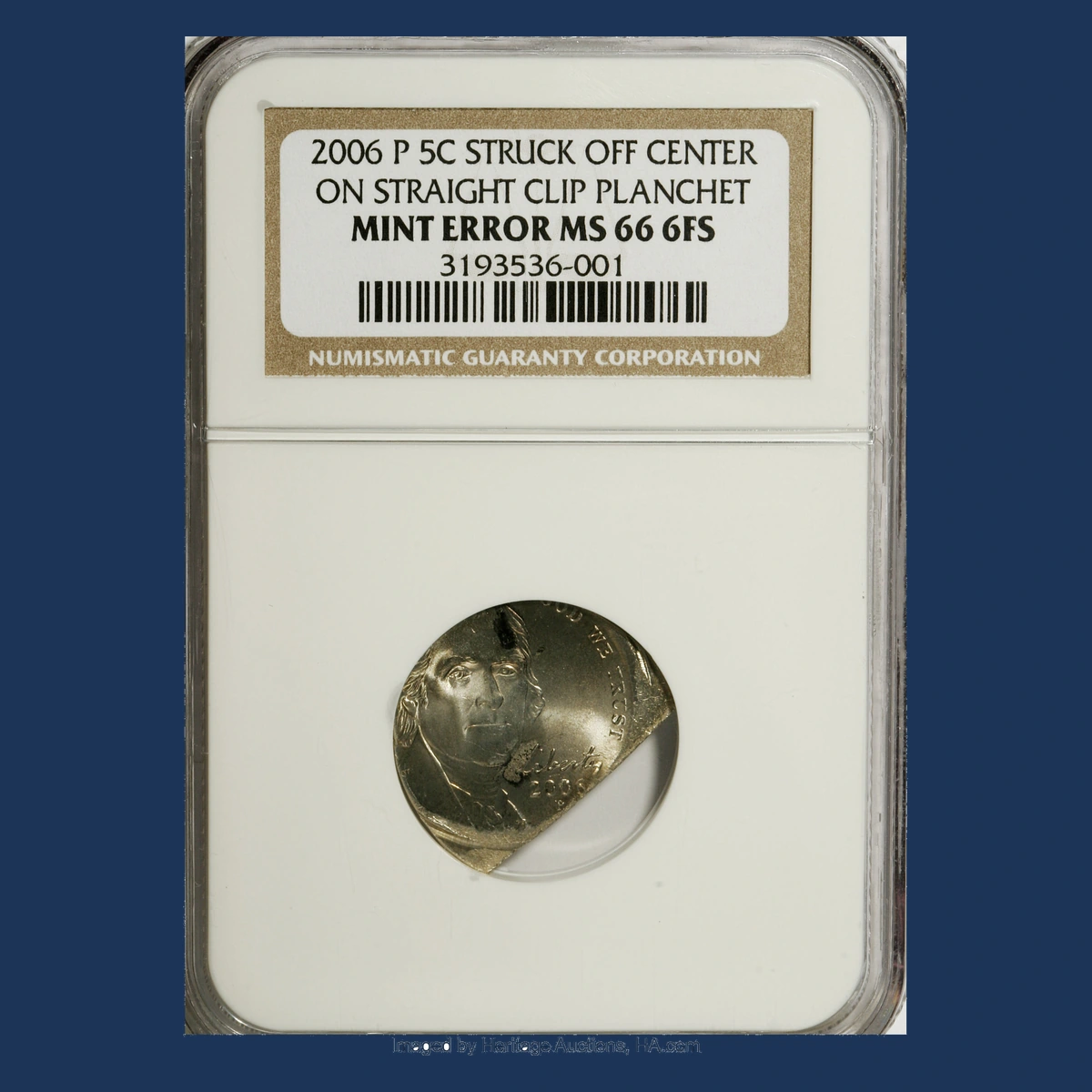 2006 Jefferson Nickel: Off-center strike on straight-clipped blank