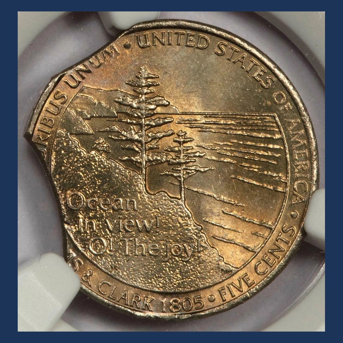 2005 Jefferson Nickel: Double clips on Ocean in View blank