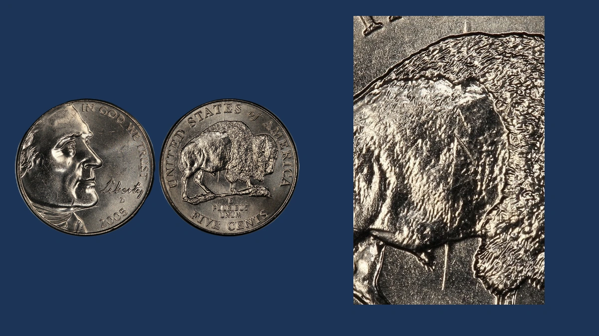 2005 Jefferson Nickel: Speared Bison die gouge