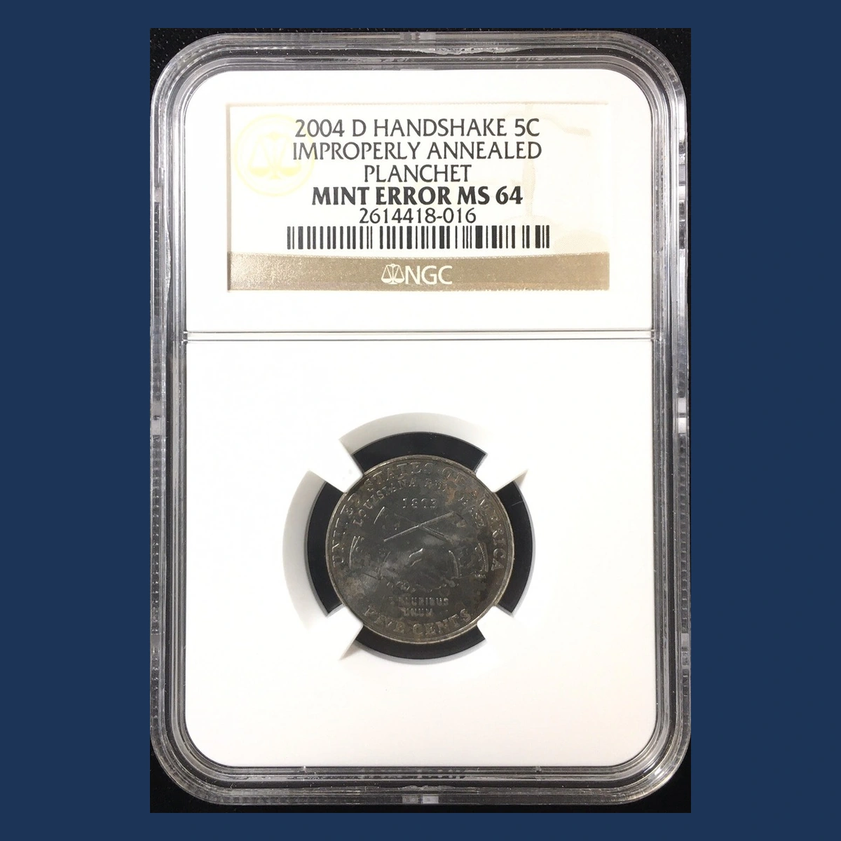 2004 Jefferson Nickel: Improperly annealed Peace Medal blank