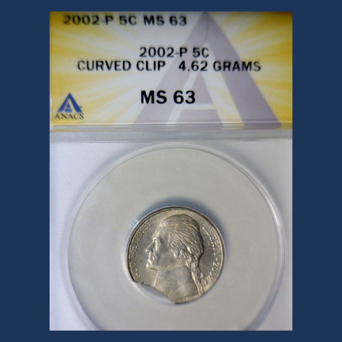 2002 Jefferson Nickel: Clipped Planchet