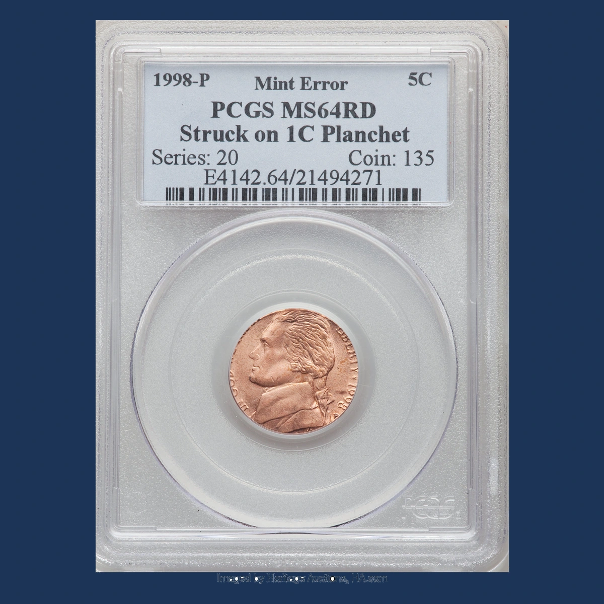1998 Jefferson Nickel: Struck on cent planchet
