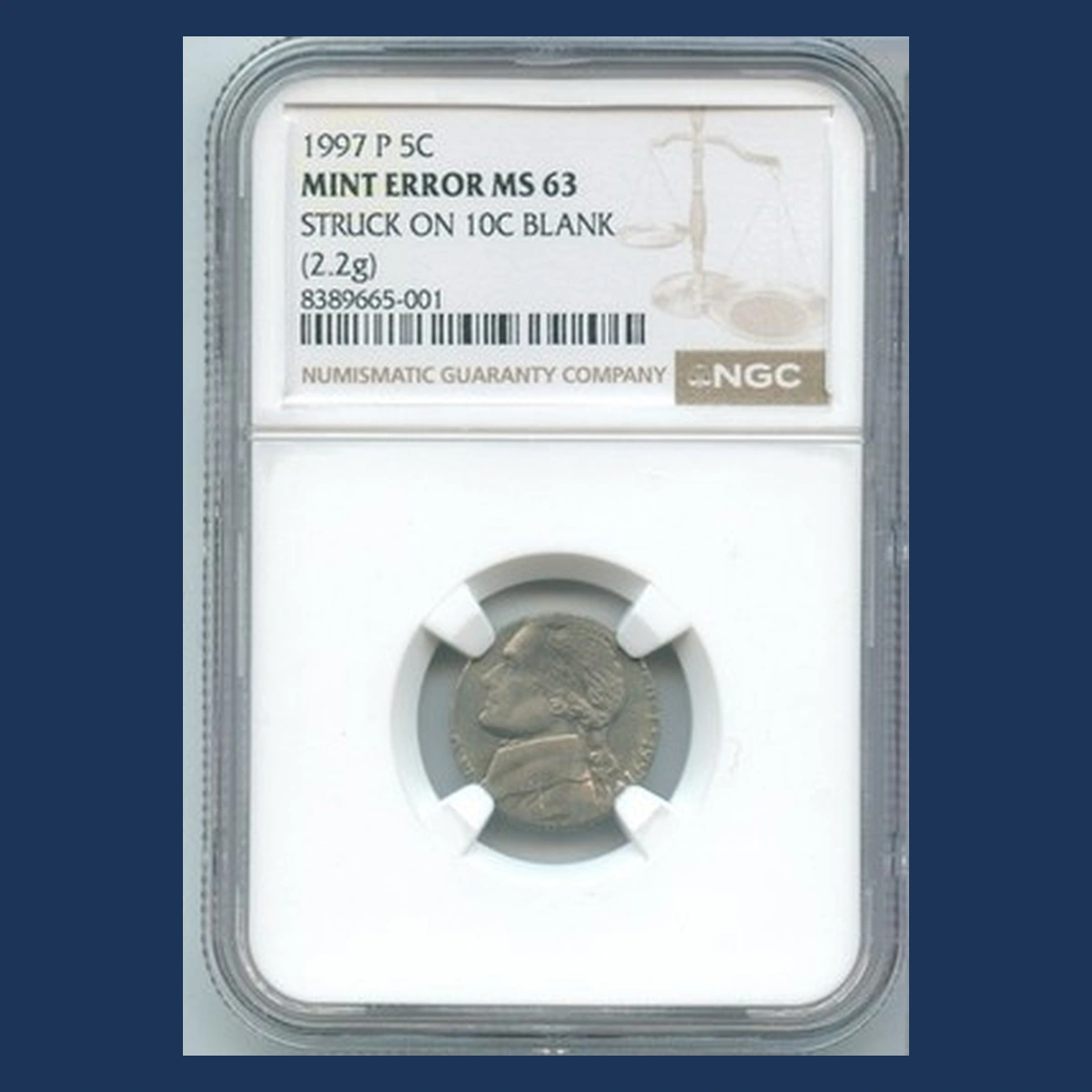 1997 Jefferson Nickel: Struck on clad dime blank