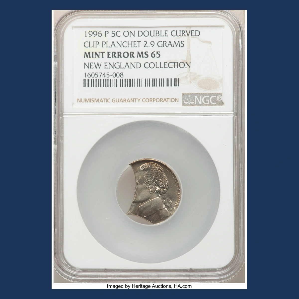 1996 Jefferson Nickel: Double curved clips
