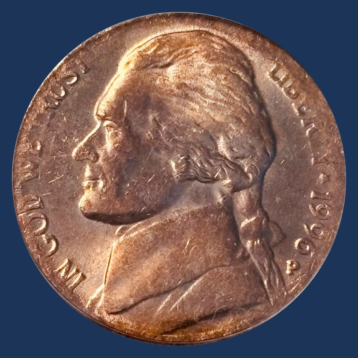 1996 Jefferson Nickel: Struck on foreign blank