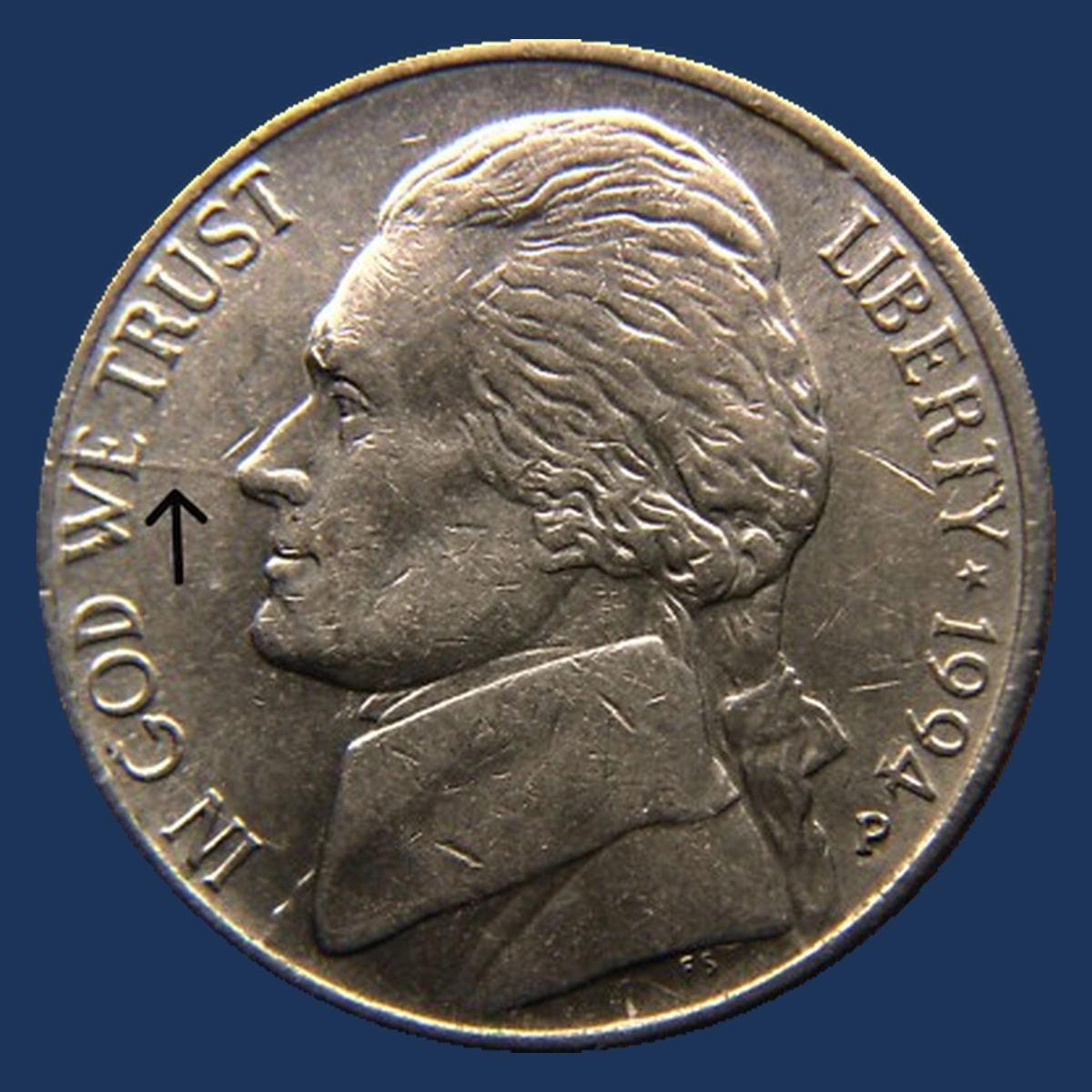 1994 Jefferson Nickel: Die Crack / Die Chip
