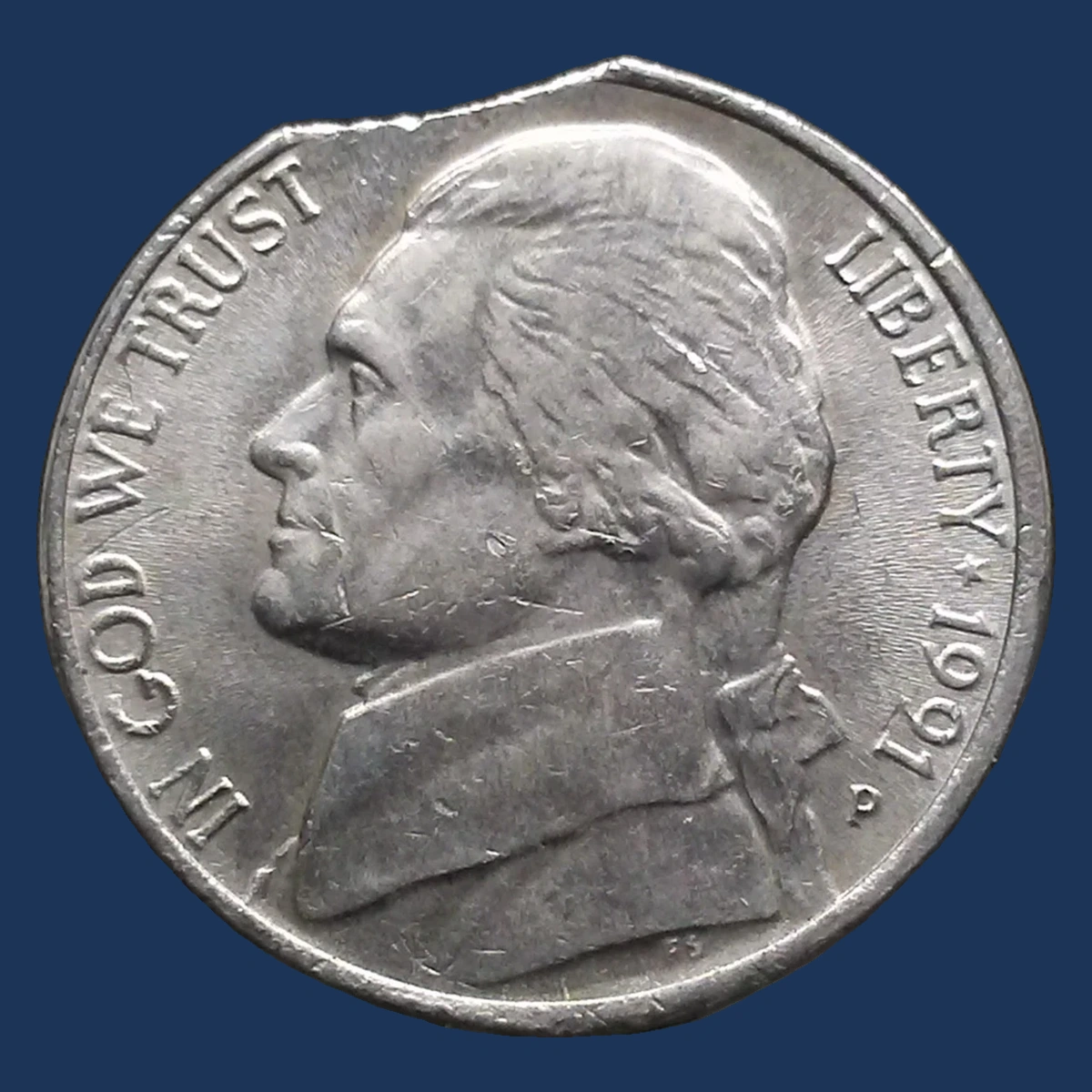 1991 Jefferson Nickel: Clipped Planchet