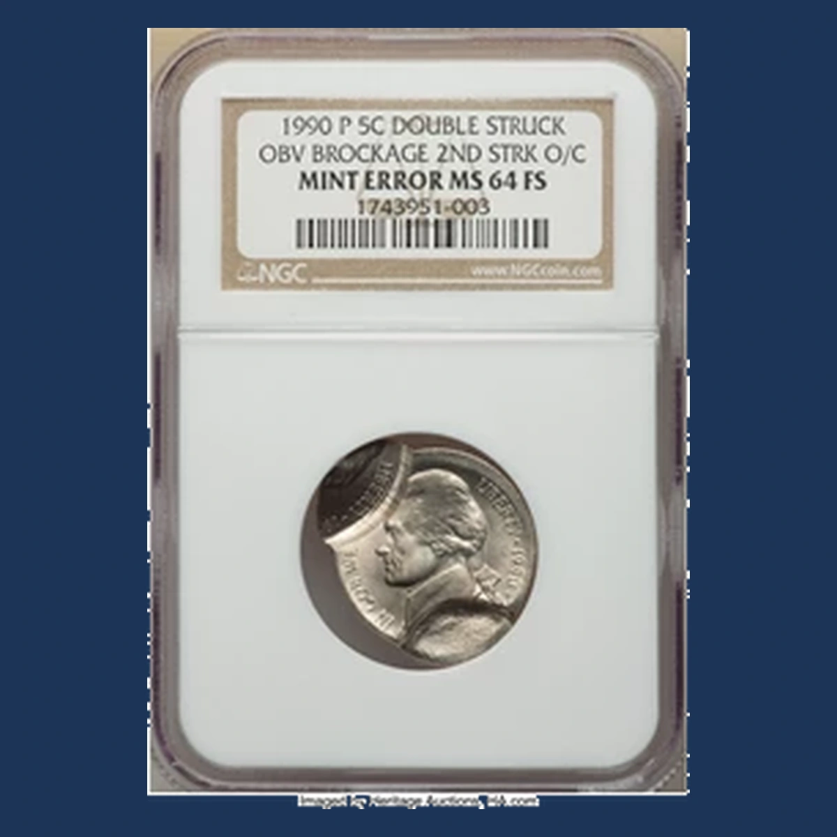 1990 Jefferson Nickel: Double strike with brockage